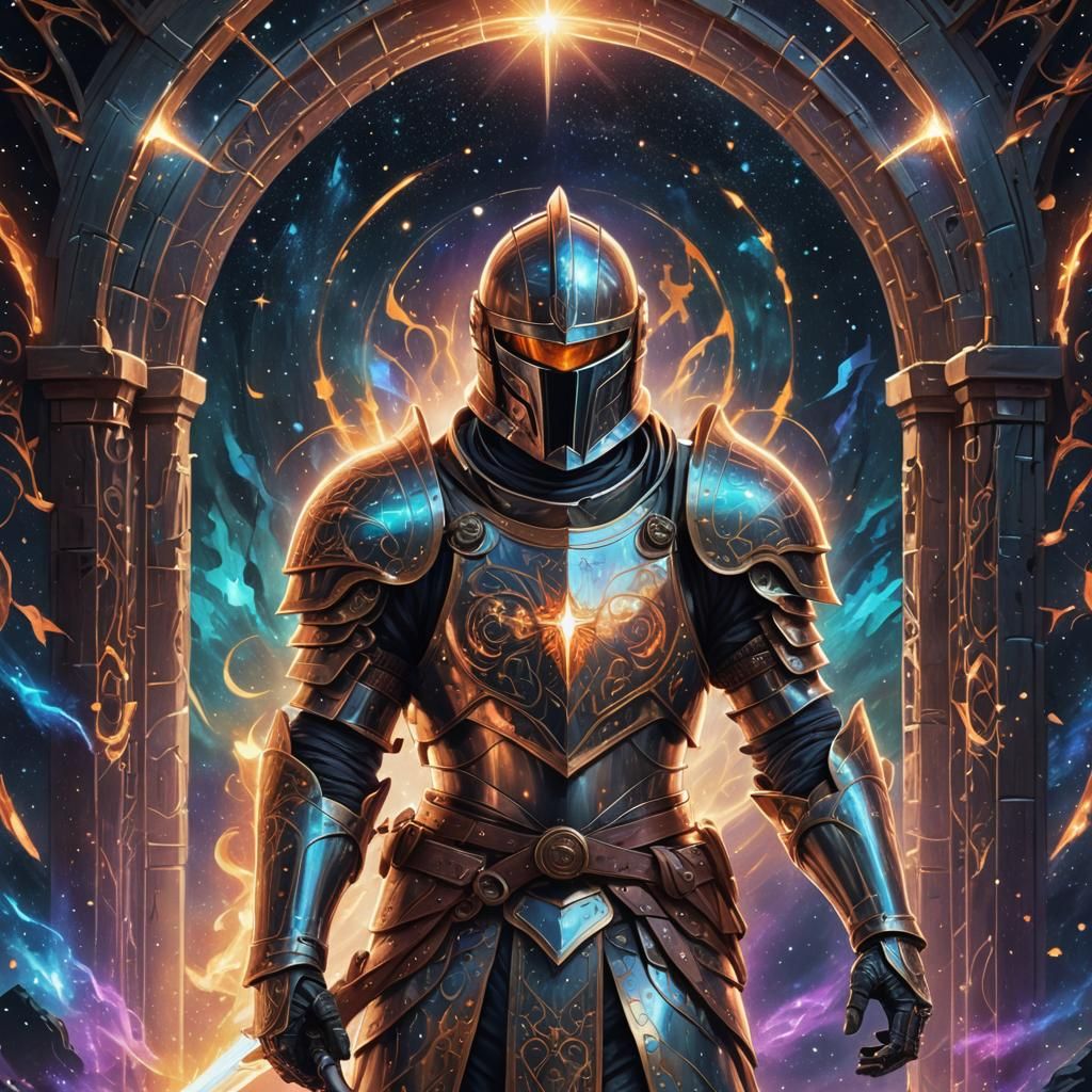 Knight Before Cosmic Portal in Psychedelic Style