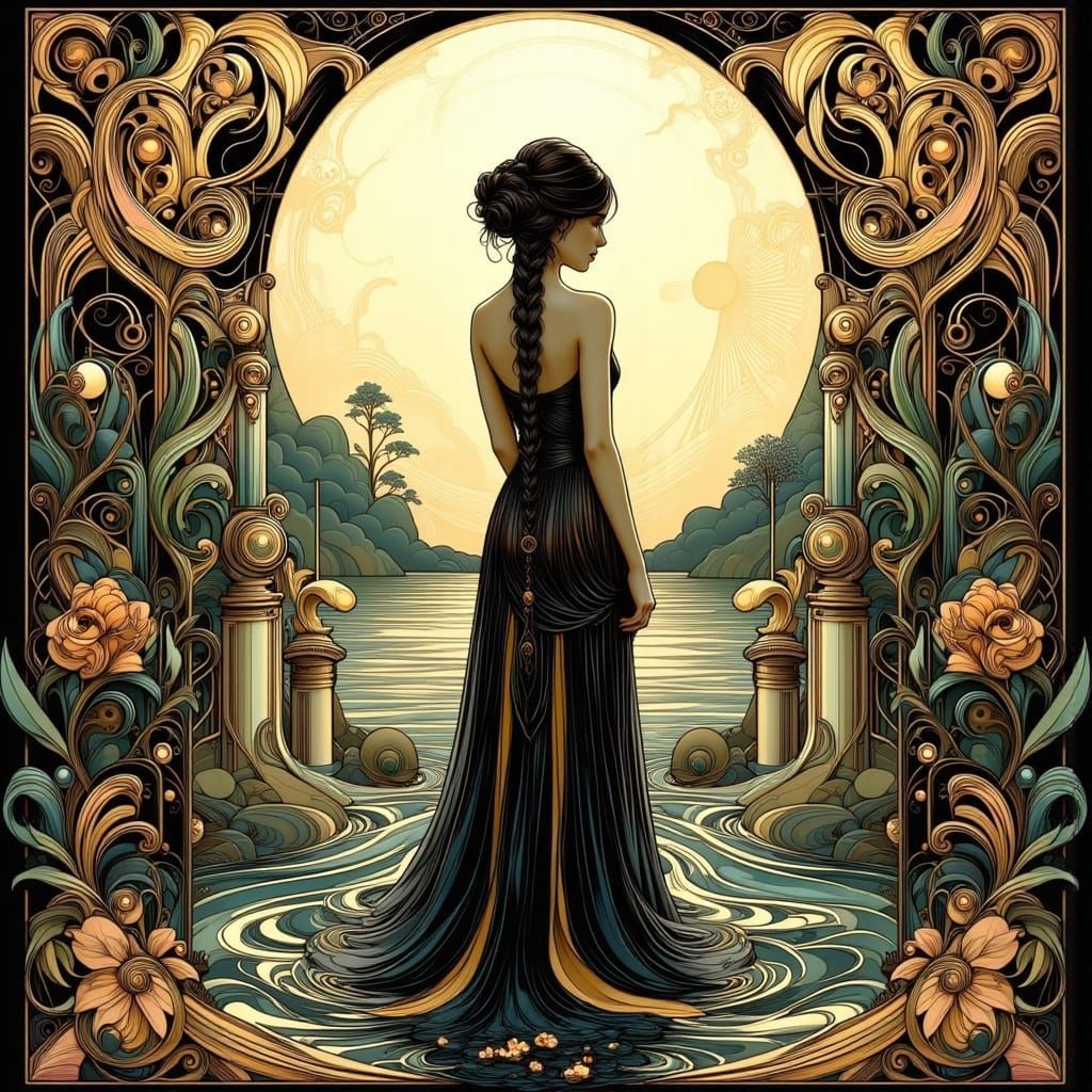Art Nouveau Woman by Moonlit Water