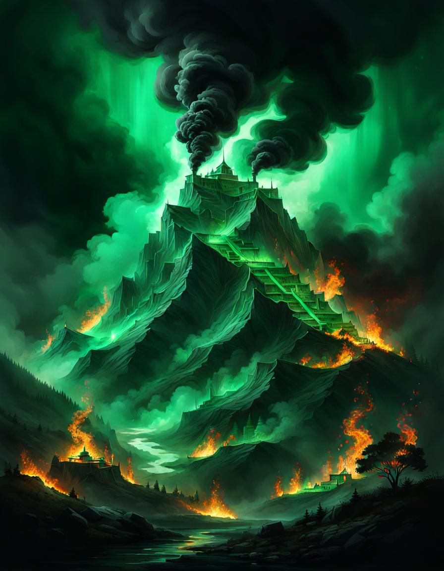 Emerald Mountain Surrounded by Smoke and Fire