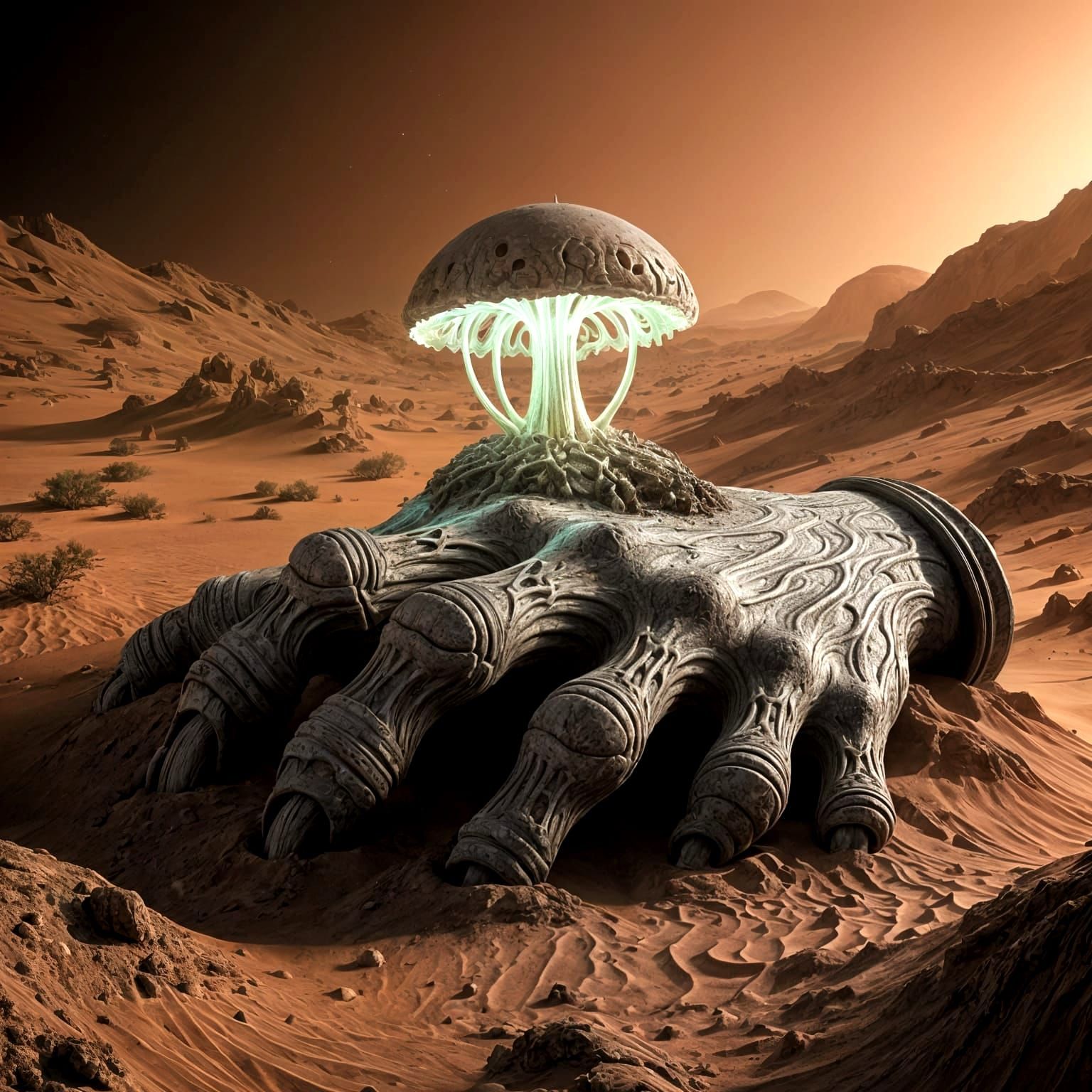 Bioluminescent Fungus on Decaying Hand in Martian Desert