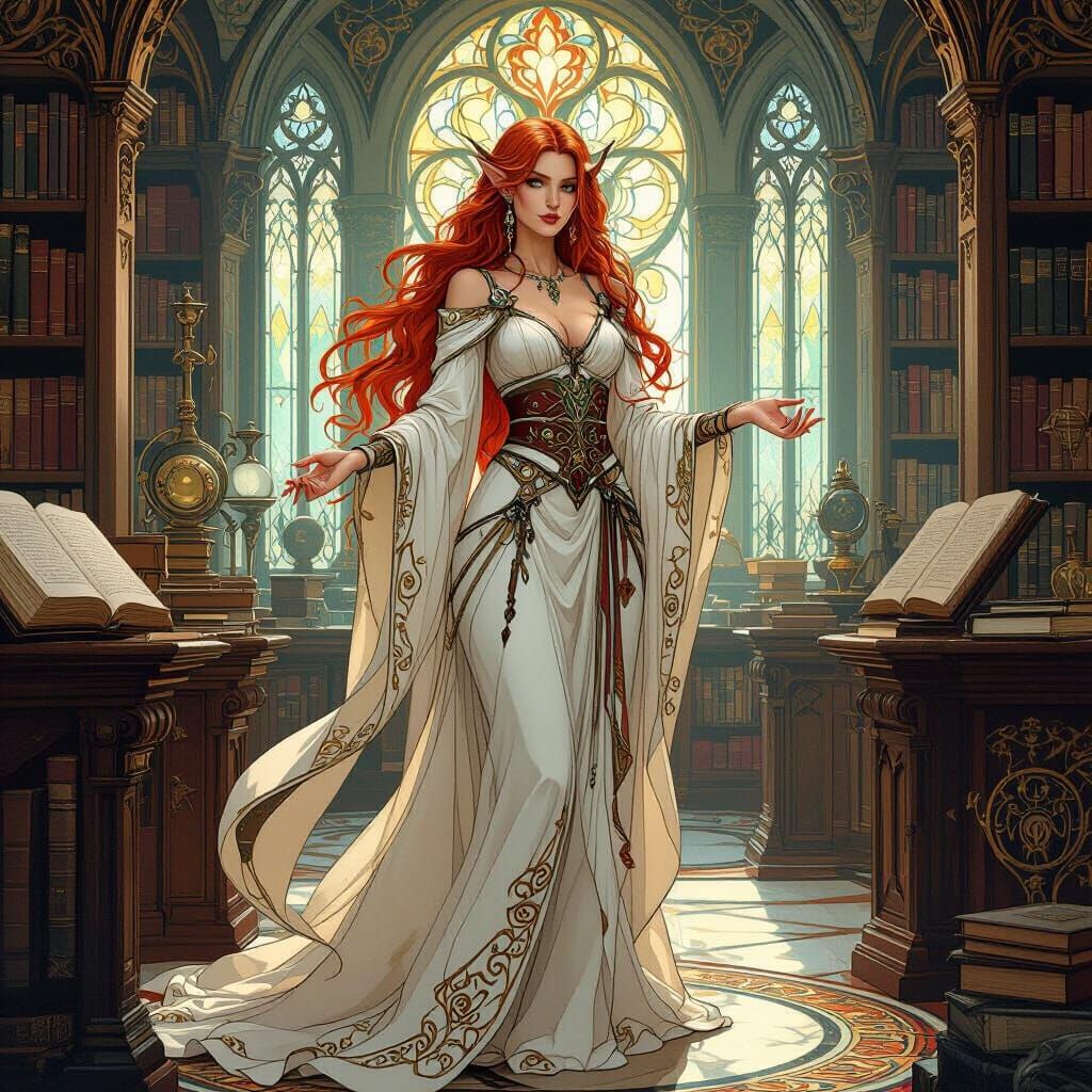 Tiefling Sorceress in Library, Art Nouveau Style