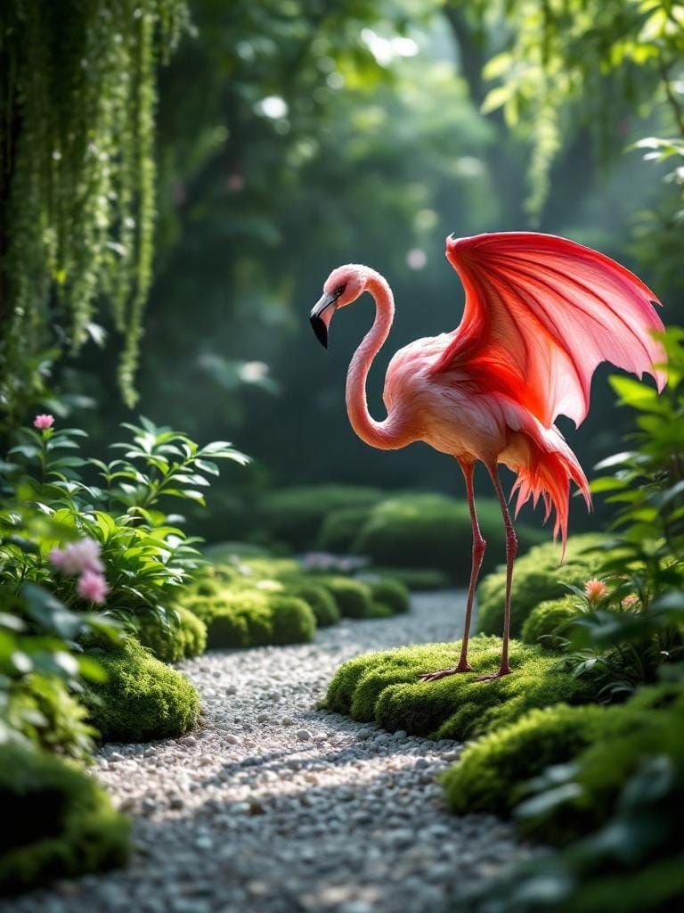 Flamingo-Bat Hybrid in Zen Garden, Hyperrealistic Digital Ar...