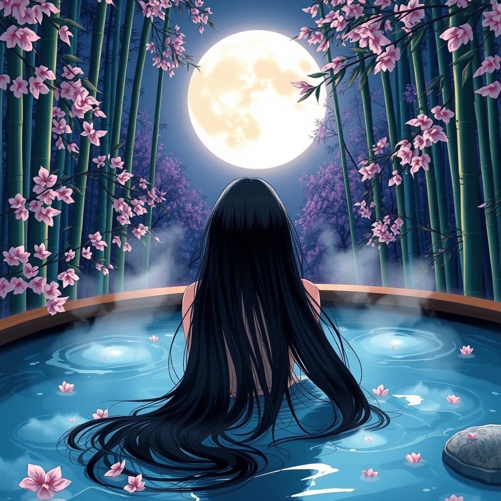 Anime Woman in Onsen with Cherry Blossoms
