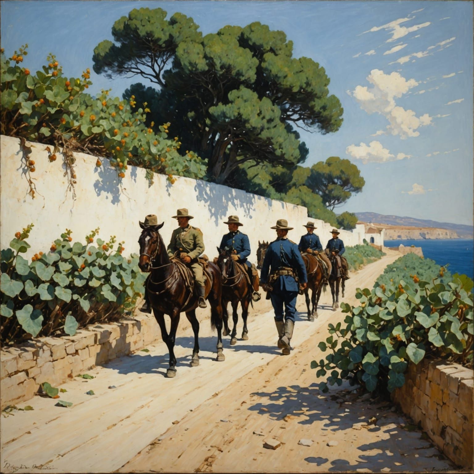 Mounted Patrol Near White Wall as Impasto Painting