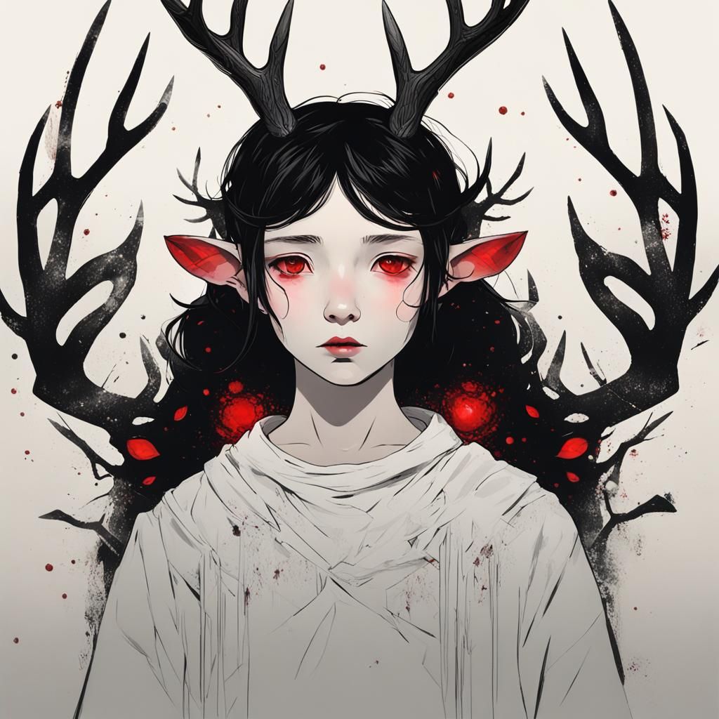 Ethereal Woman with Antlers Expressing Profound Sadness