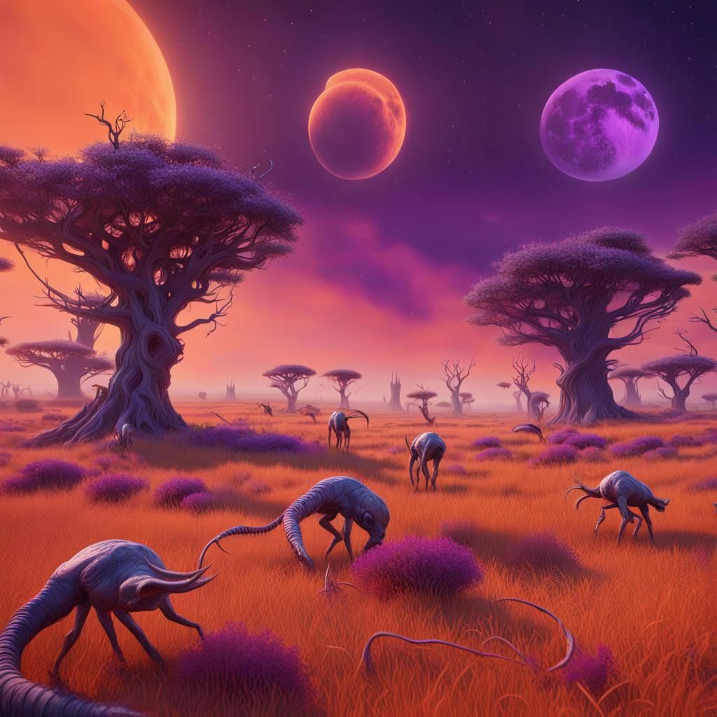 Alien Creatures Grazing on Orange Grass