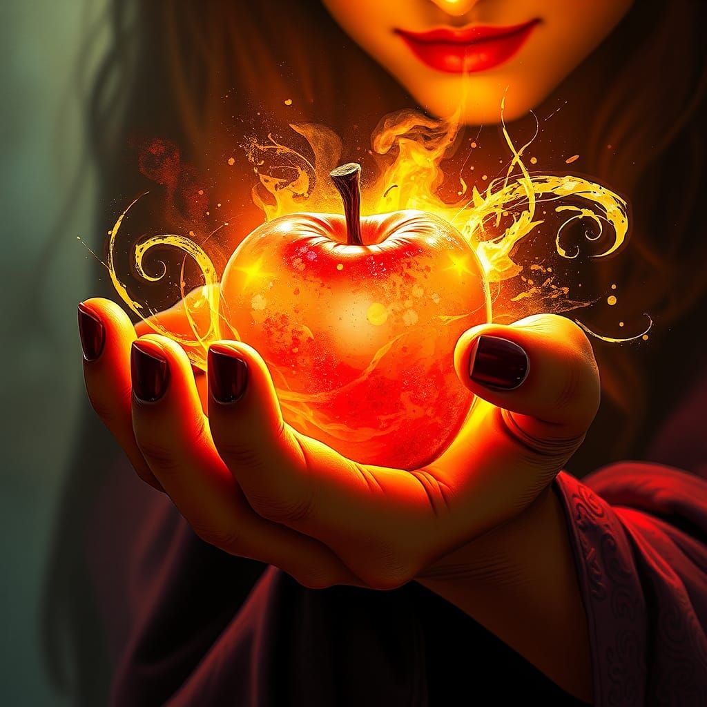 Mystical Witch Holding Glowing Apple, Graffiti Art Style