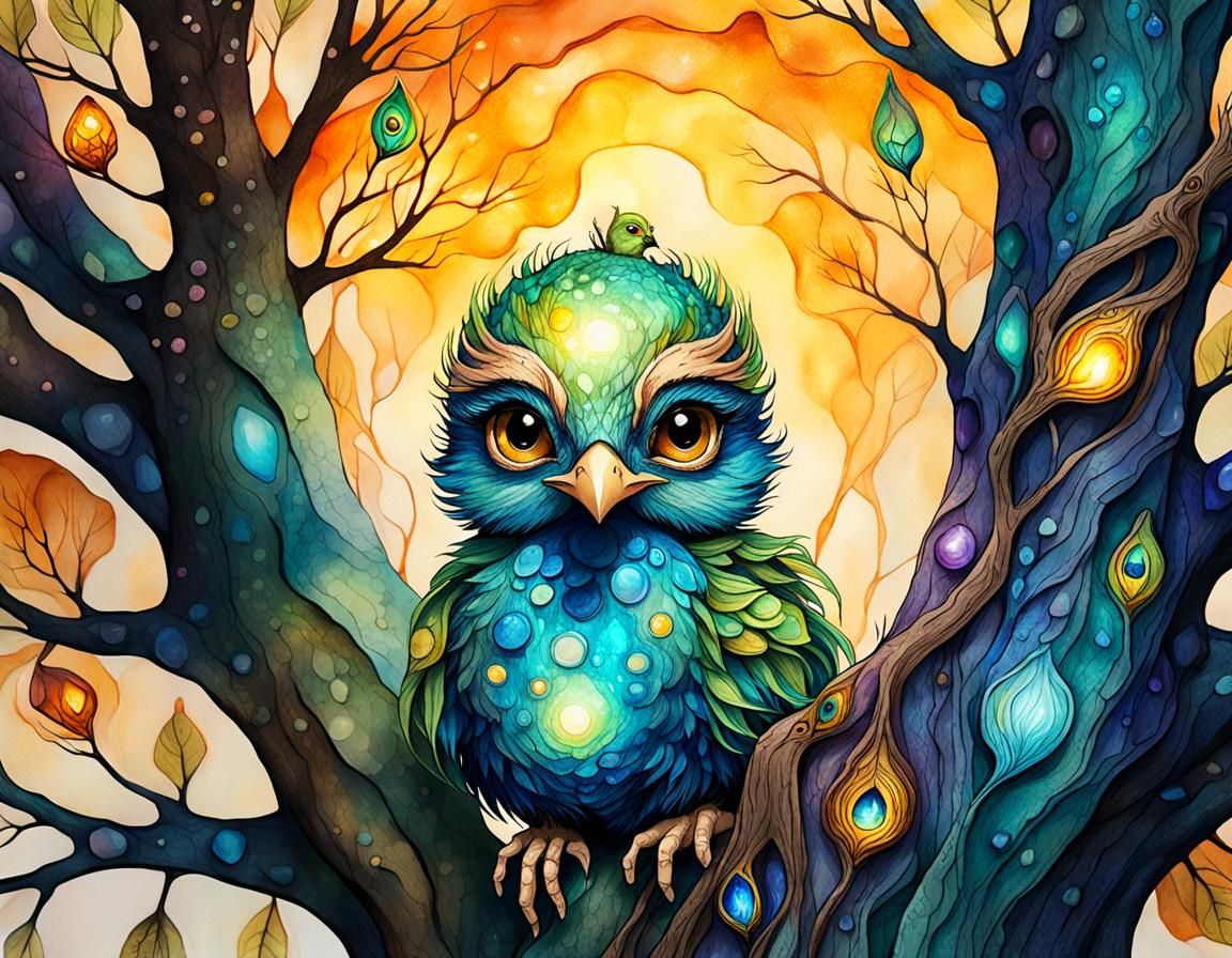 Enchanted Elf with Peacock Chick: Alcohol Ink Sketch