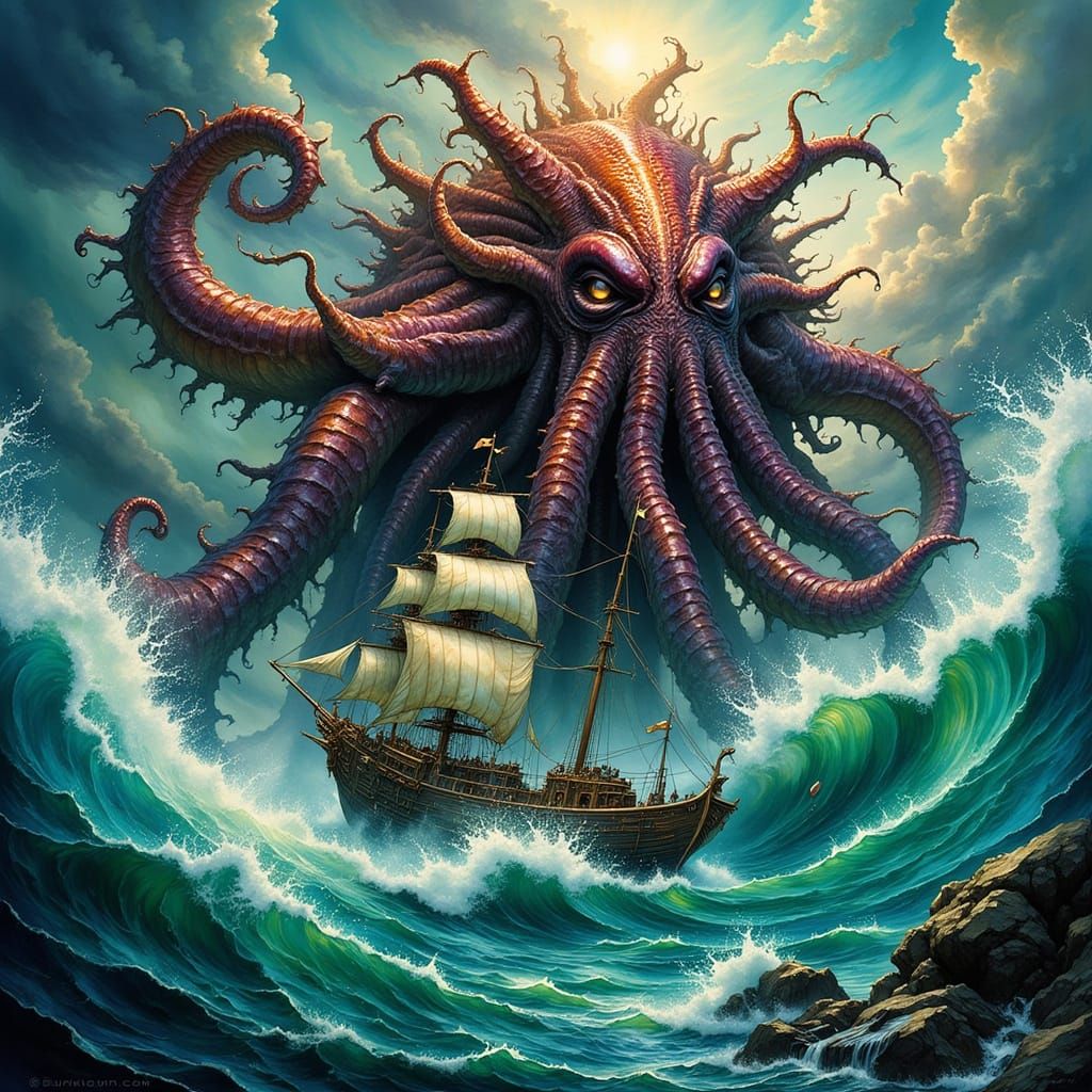 Fantasy Cthulhu Menaces Ship in Swirling Ocean
