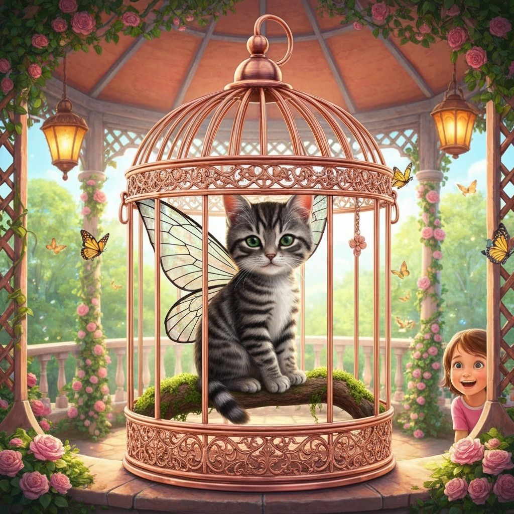 Cat Fairy in Ornate Copper Birdcage, Fairy Tale Garden