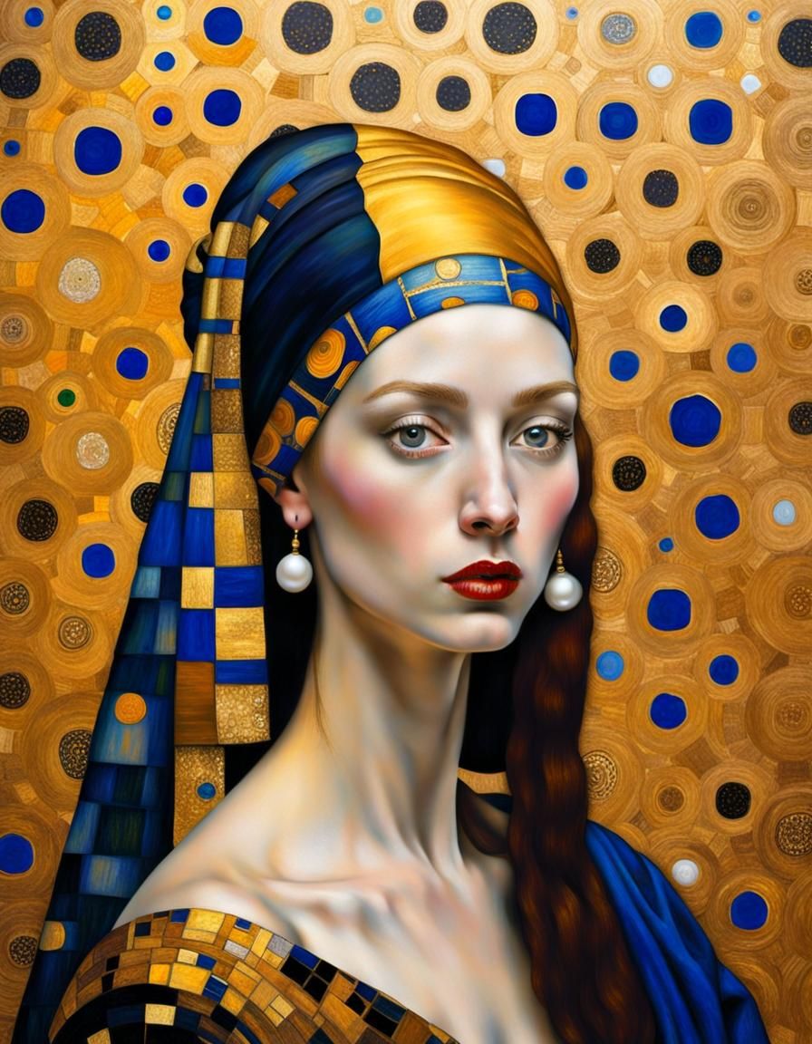 Artistic Mash-up | Vermeer's Girl with the Pearl Earring as painted by Gustav Klimt