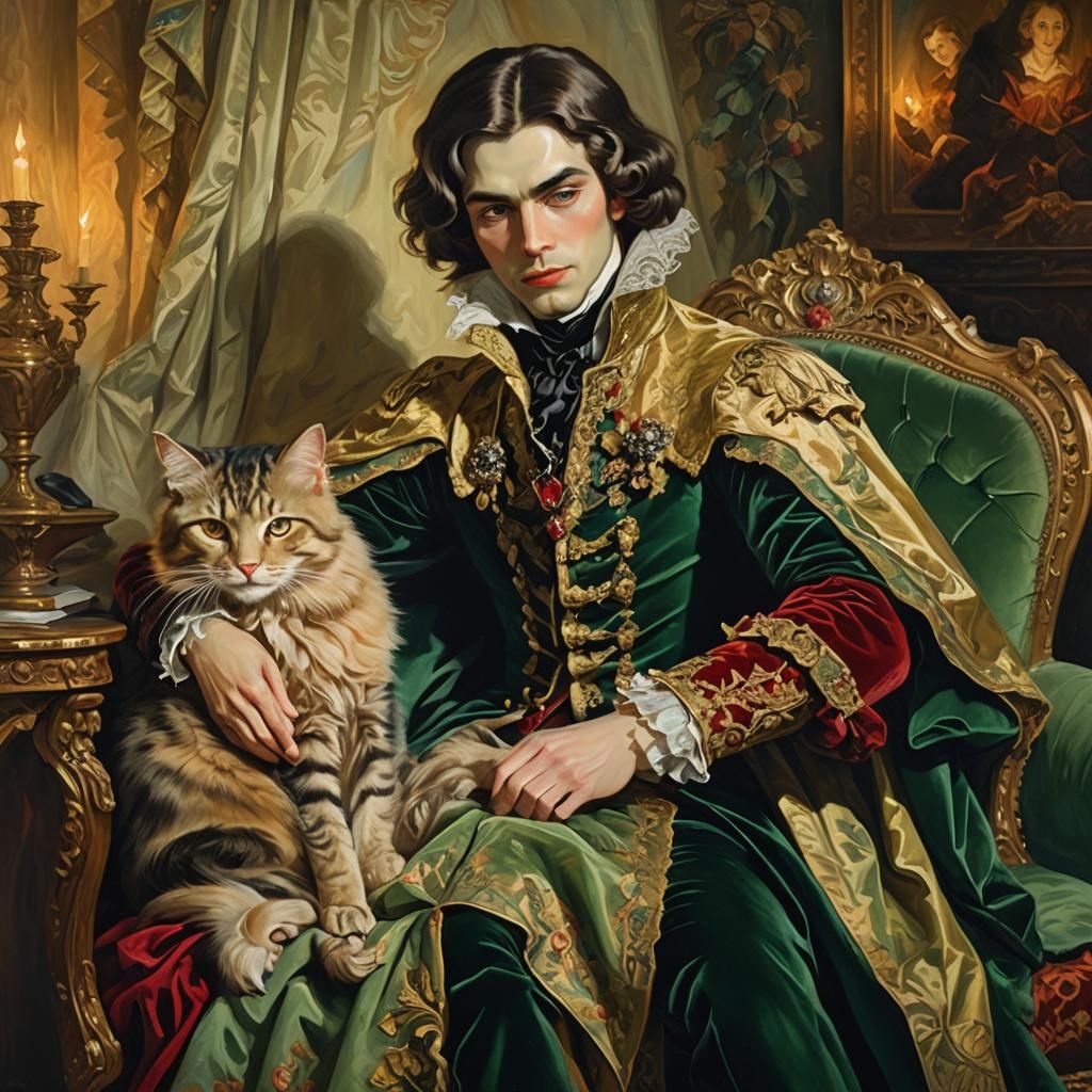 Vampire Petting Cat: Rococo Opulence in Oil Painting