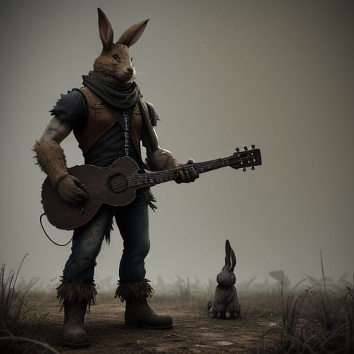 Sinister Animatronic Farmer Rabbit in Golden Desert Landscap...