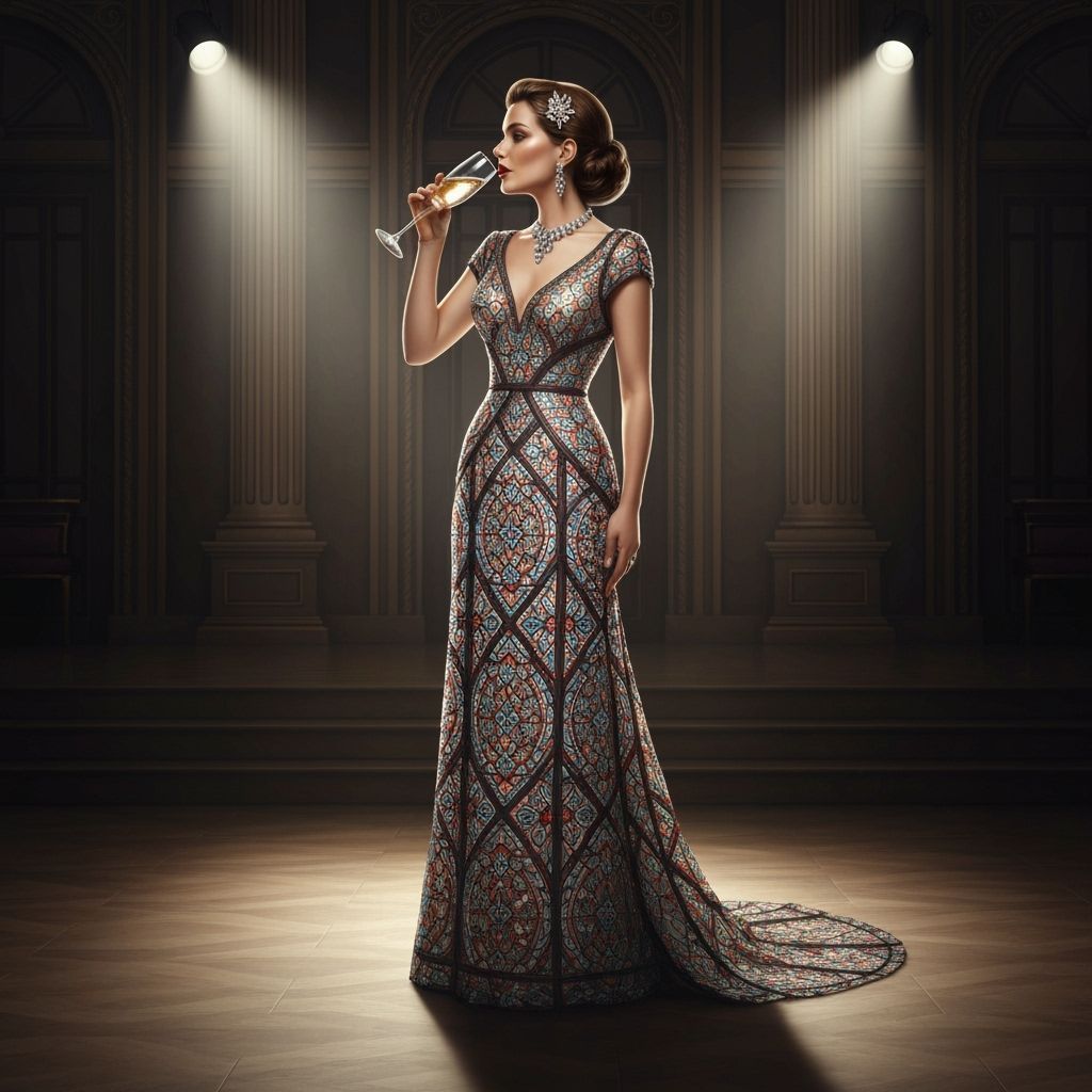Regal Woman in Art Deco Ballroom with Stained Glass Gown