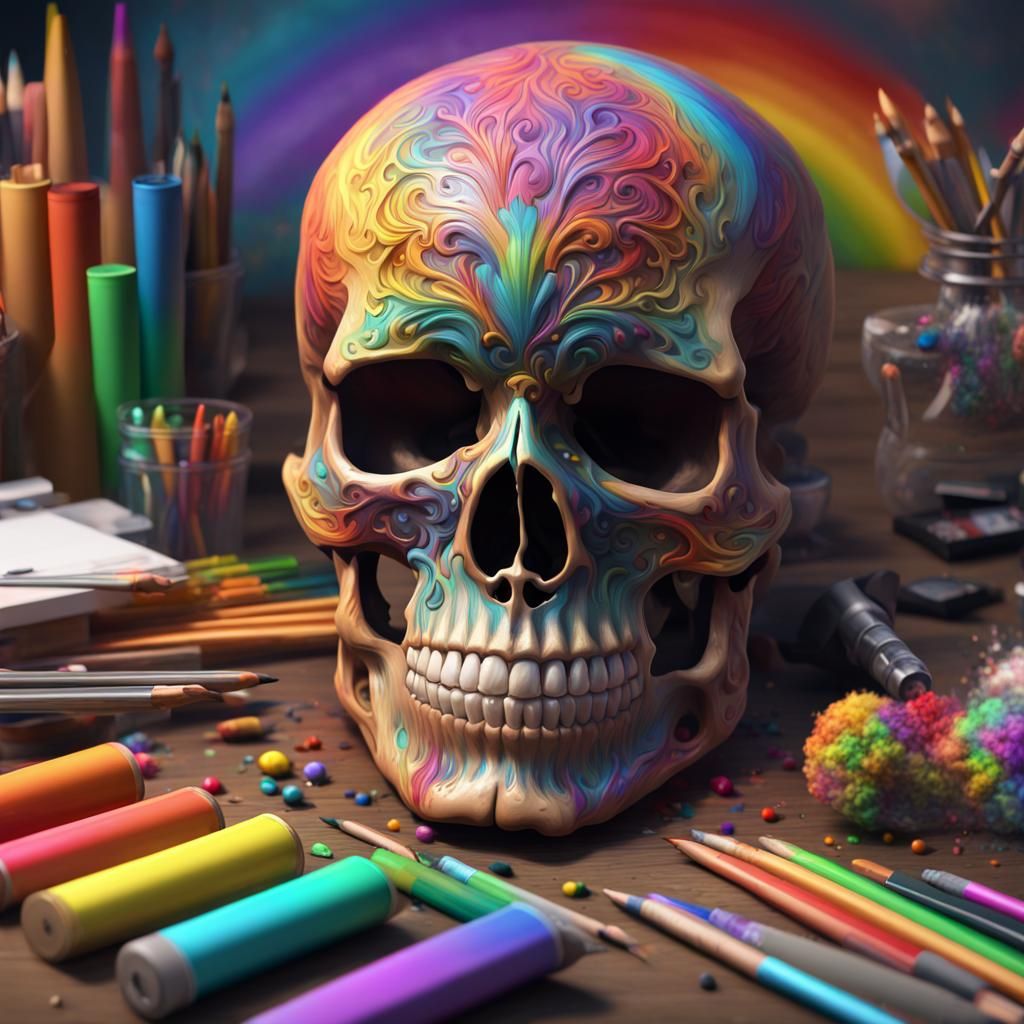 Rainbow Skull Surrounded by Art Supplies in 8k
