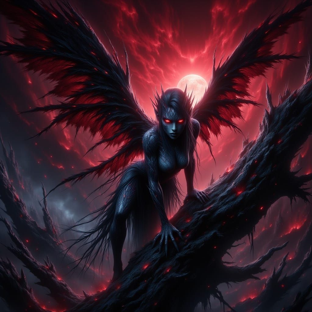 Sinister Fairy with Red Eyes in Dark Fantasy Style