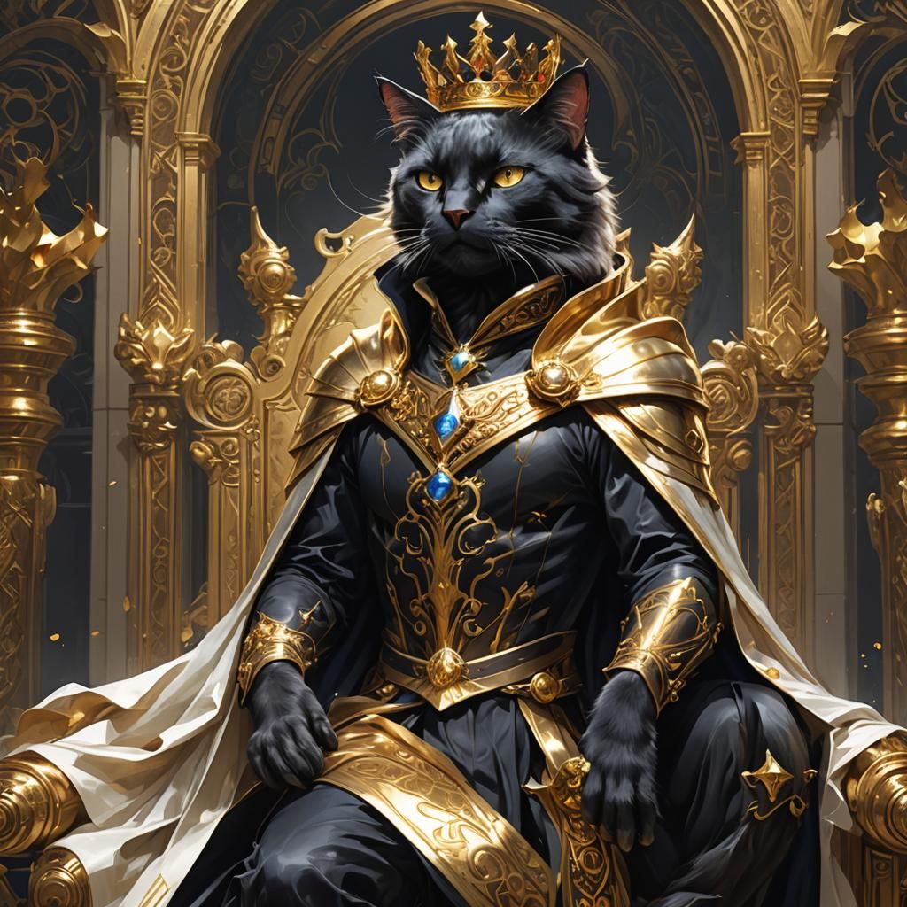 Black cat, regal, king, sitting, high-back gold throne, gold...