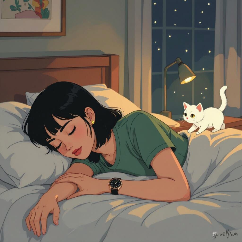 Woman Sleeping with Kitten: 90s Comic Style Illustration