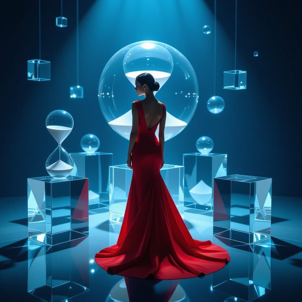 Surreal Woman with Hourglass in Cubist Setting