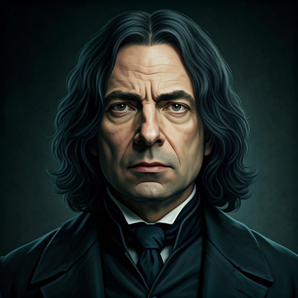 A portrait of Rowan Atkinson as Severus Snape