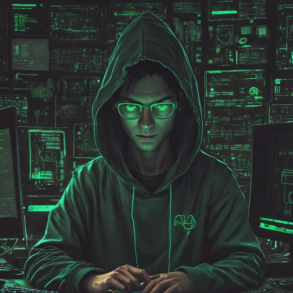 Cartoon Hacker with Neon Cyberpunk Elements