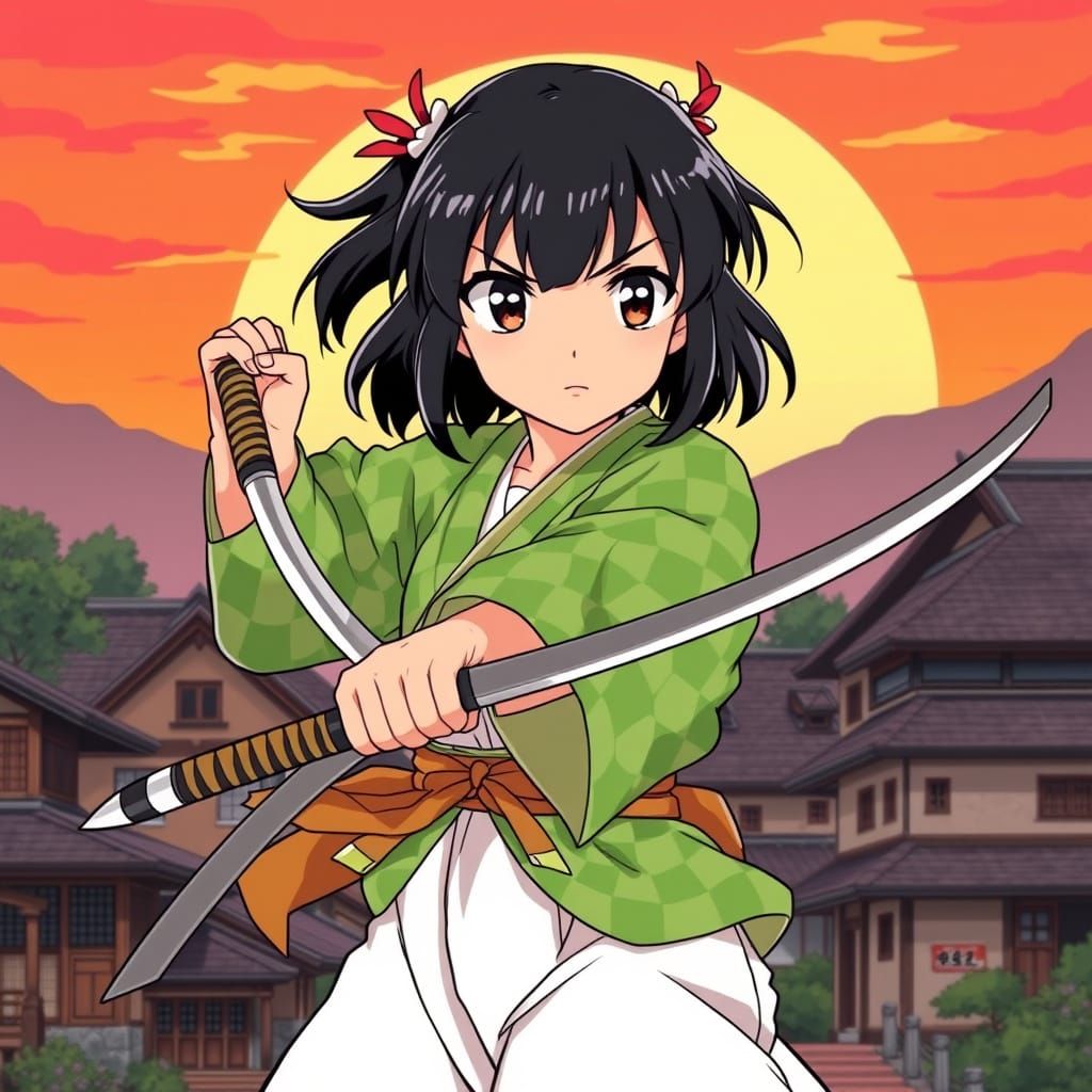 Demon Slayer Girl in Traditional Uniform Wields Nichirin Swo...