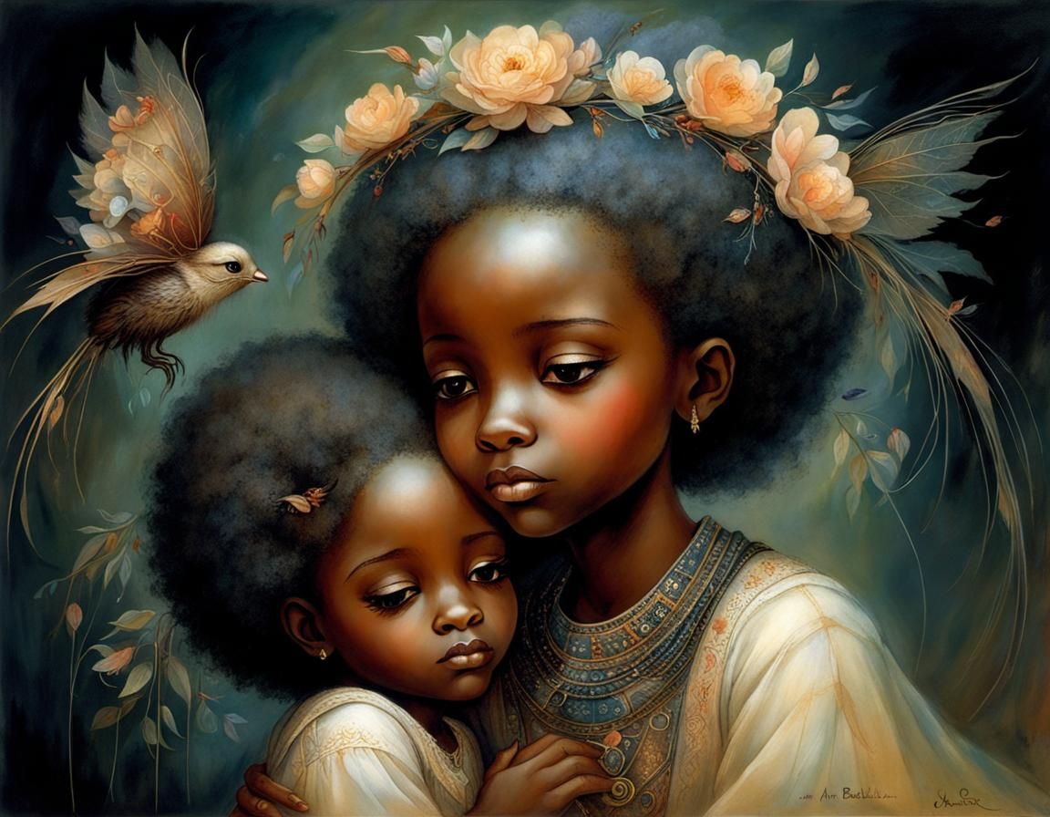 Heartwarming Sisterly Comfort in Surrealist Style