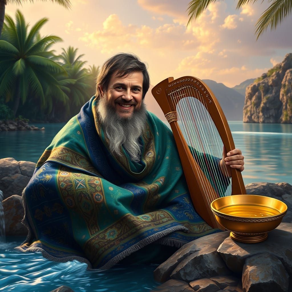 Man Wrapped in Luxurious Quilt by Tropical Stream