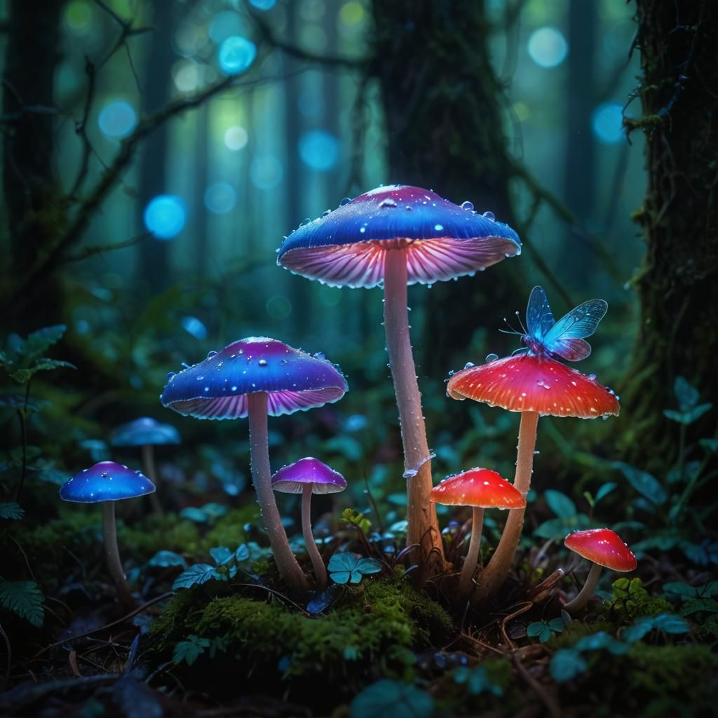 Glowing Mushrooms and Fairies in Mystical Forest