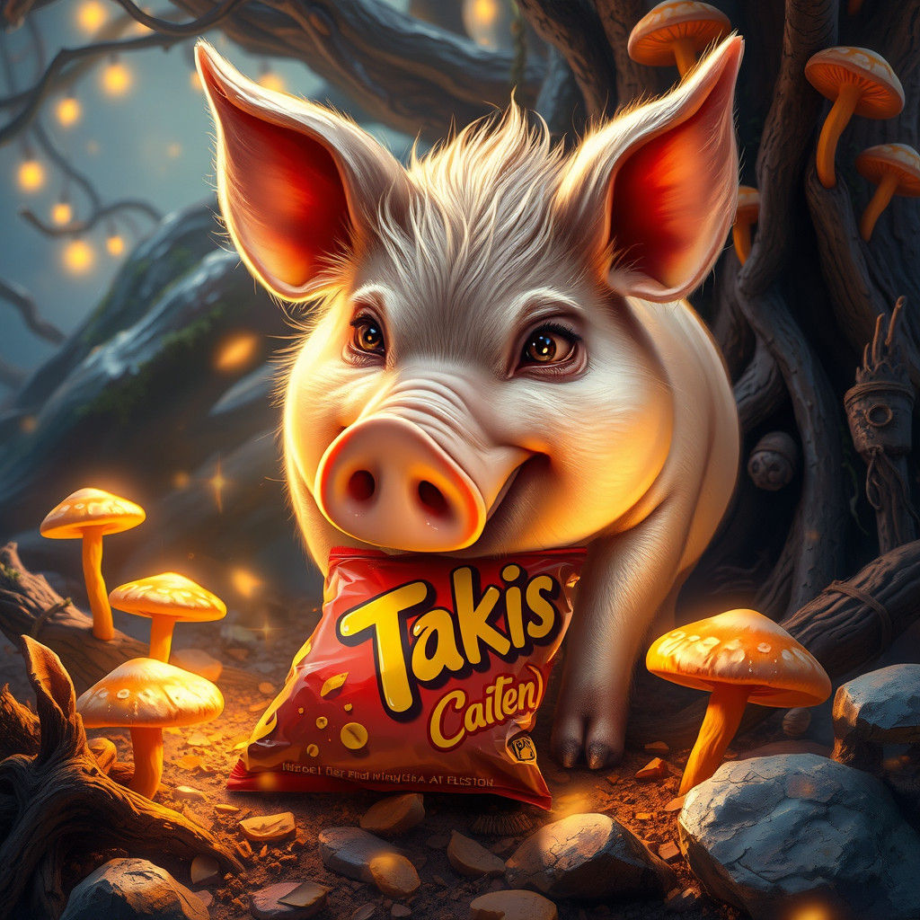 Golden Pig Devouring Takis in Dreamlike Environment