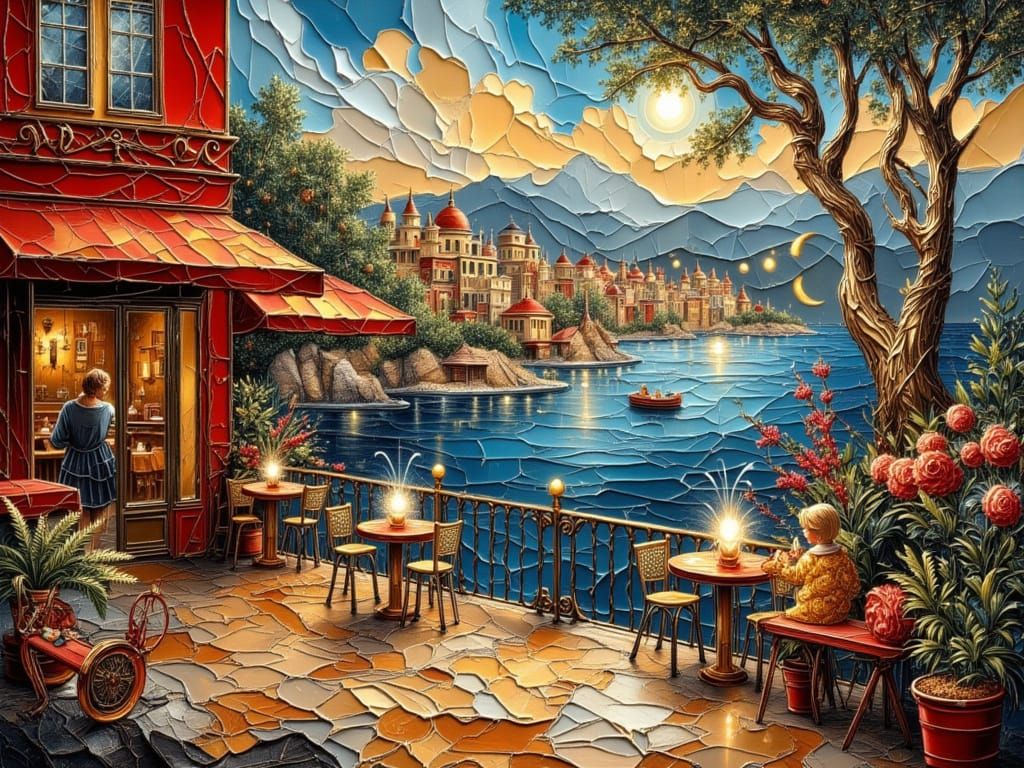 Vibrant Italian Cafe in Cityscape as Impasto Painting