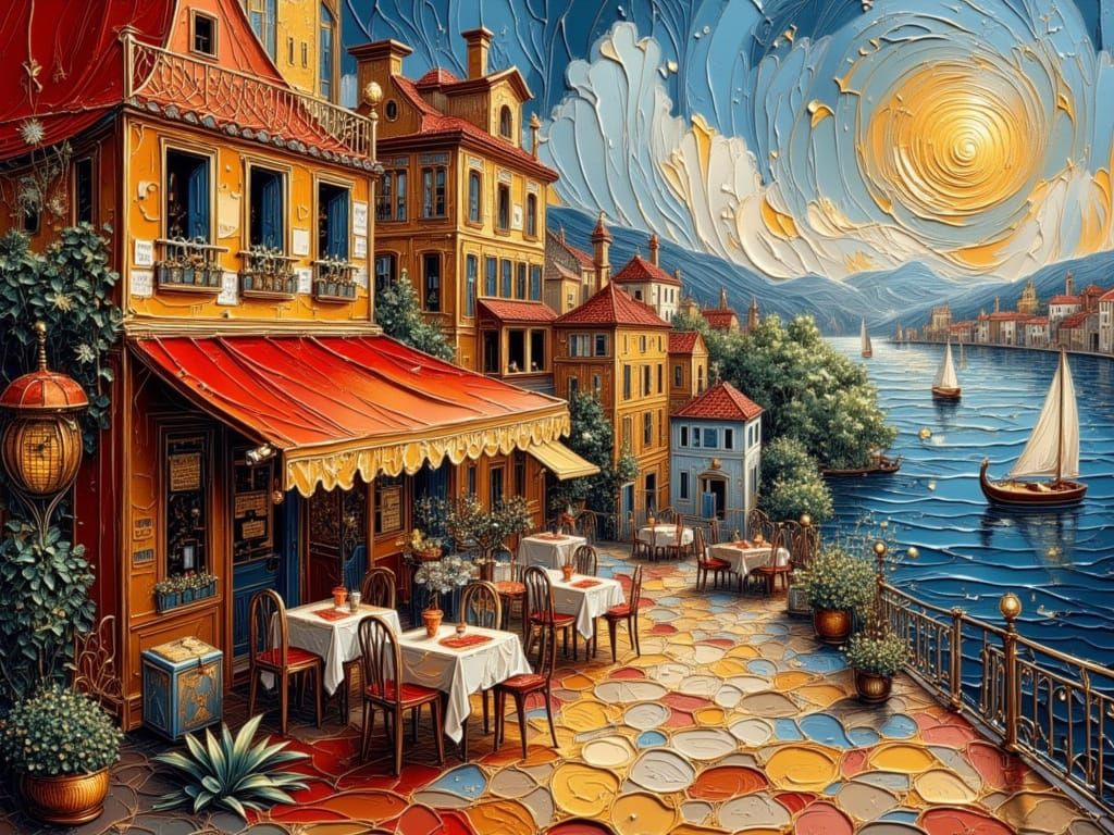 Vibrant Italian Cafe in Multilayered Cityscape