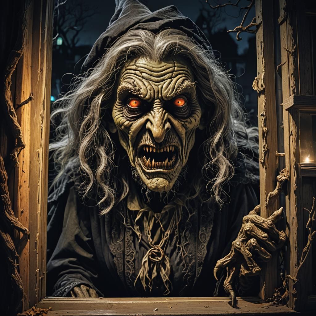 Nightmarish Witch Peering Through Bedroom Window