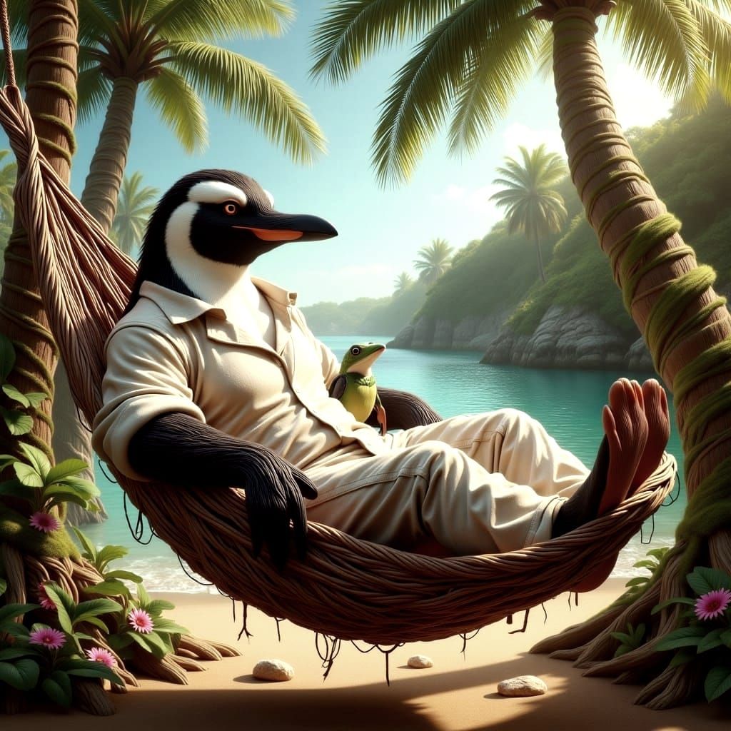 Penguin and Frog Relaxing in Hammock