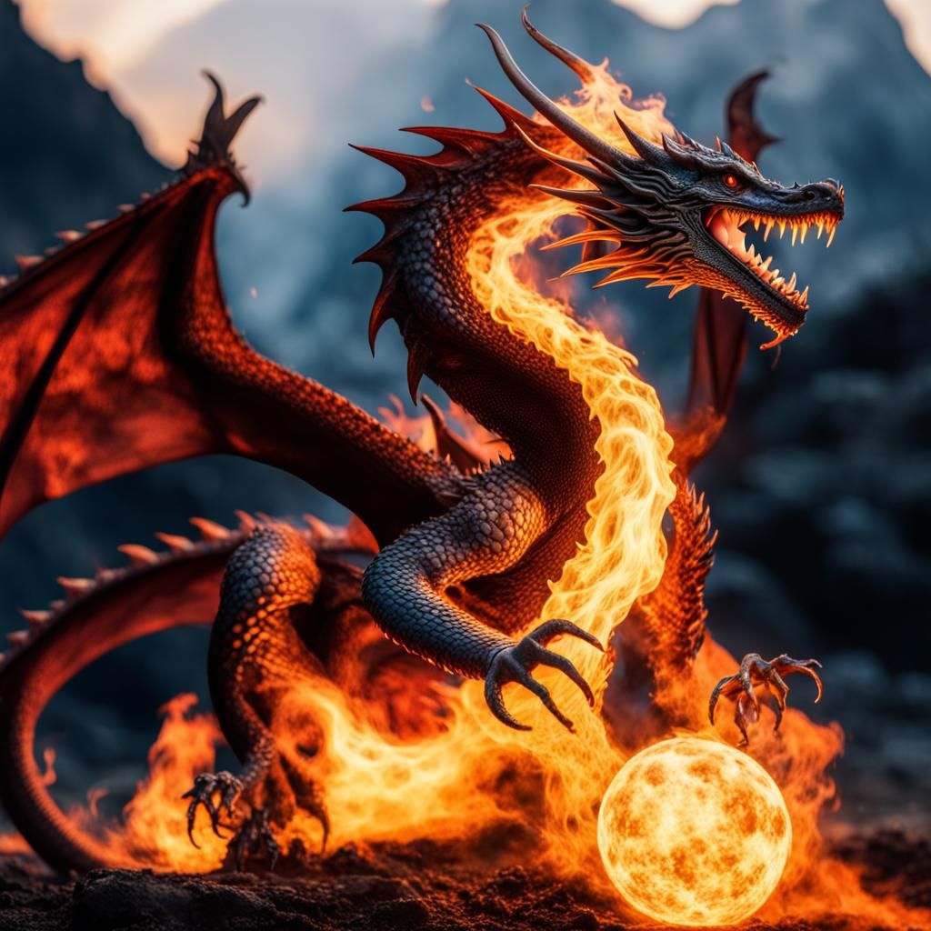 Majestic Dragon Breathing Bluish Fire