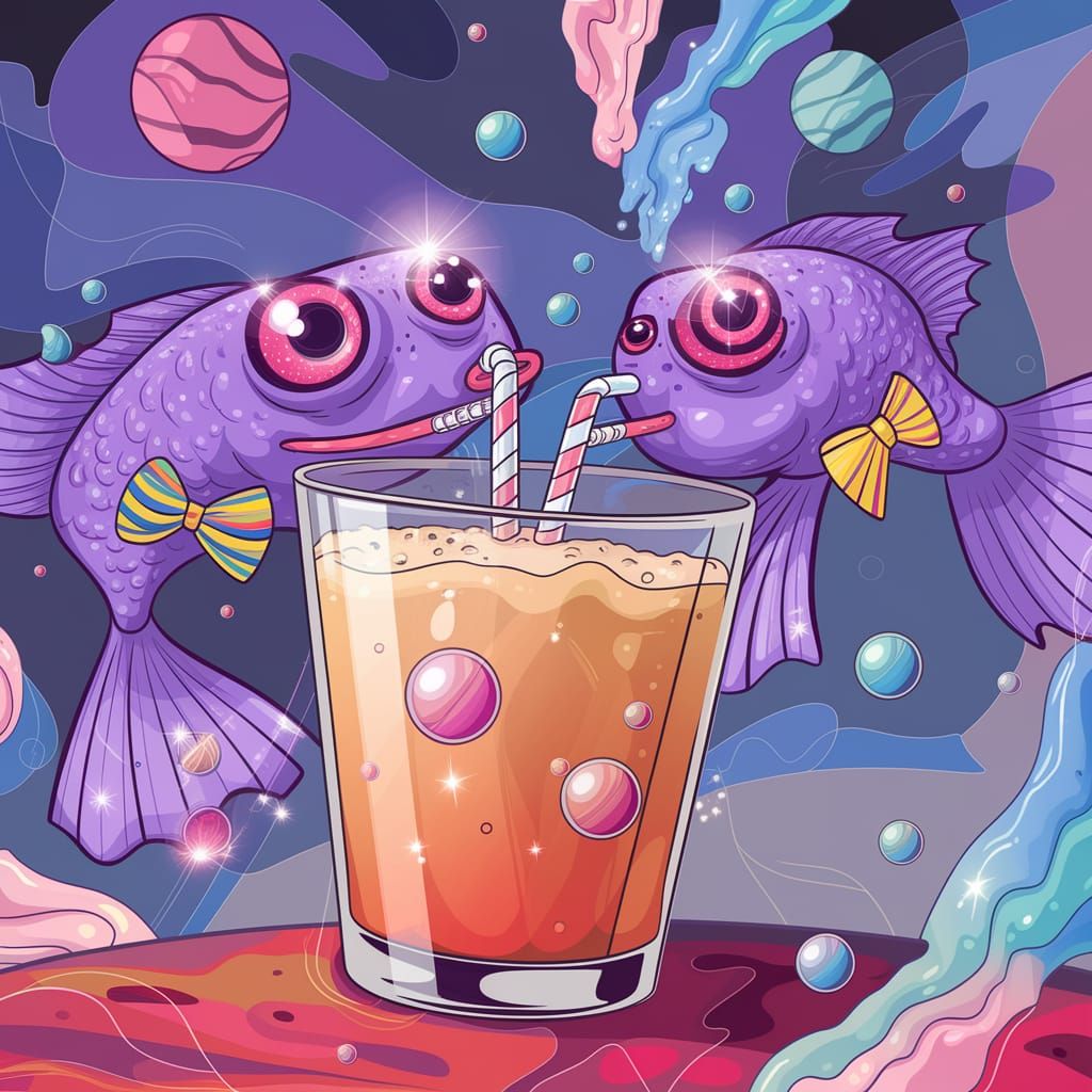 Purple Alien Fish Sipping Soda: Whimsical Art