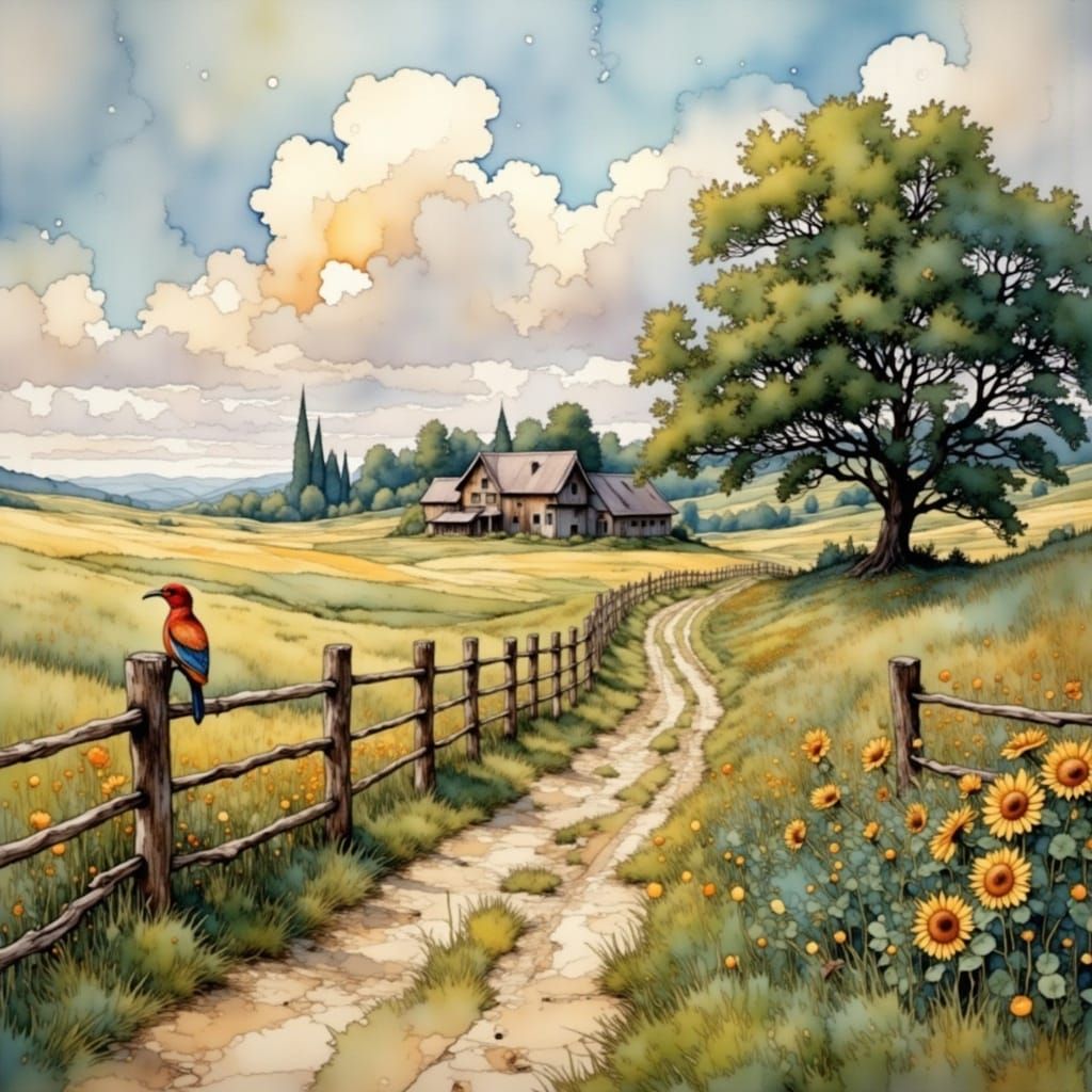 Whimsical Landscape with Hoopoe in Abstract Fractal Style