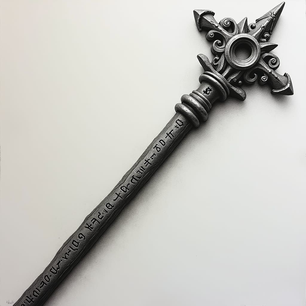 Mystical Runed Quarterstaff in Charcoal Drawing Style