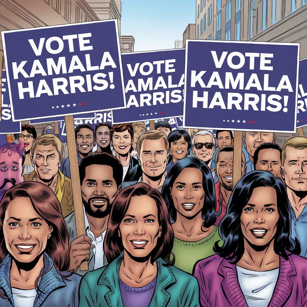 Enthusiastic Crowd Supports Kamala Harris in Comic Style