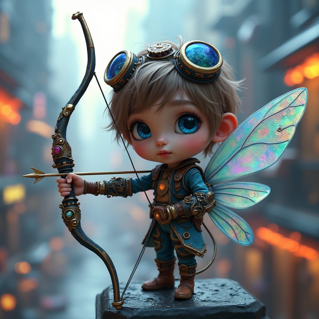 Ethereal Steampunk Fairy Archers Amidst Futuristic Cityscape