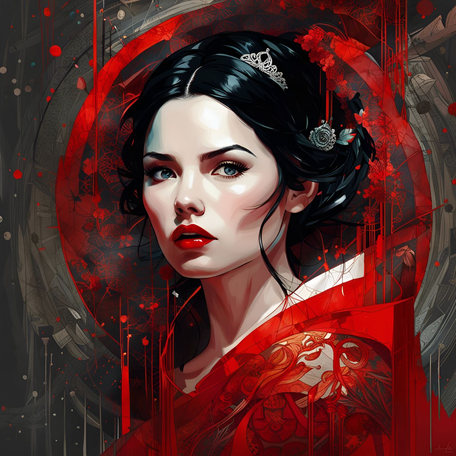 Snow White Portrait with Red Filigree