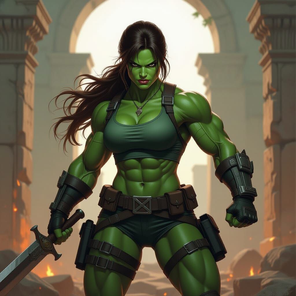 Hulk-Lara Croft Fusion Amazon Warrior in Ruins