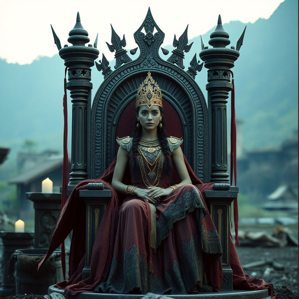 Hetaira Queen on Village Throne: Cinematic Still