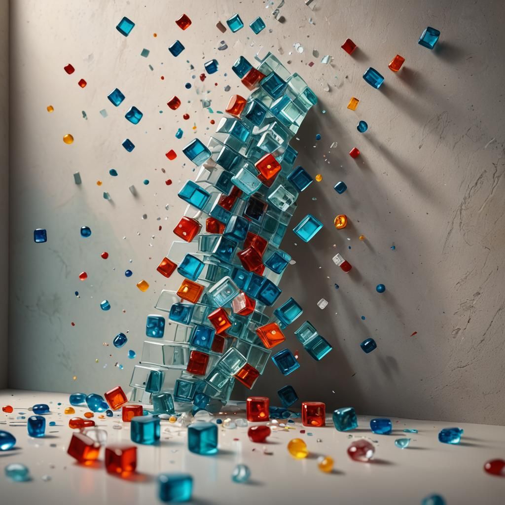 Hyperrealistic Glass Dominoes Toppling Down Stairs