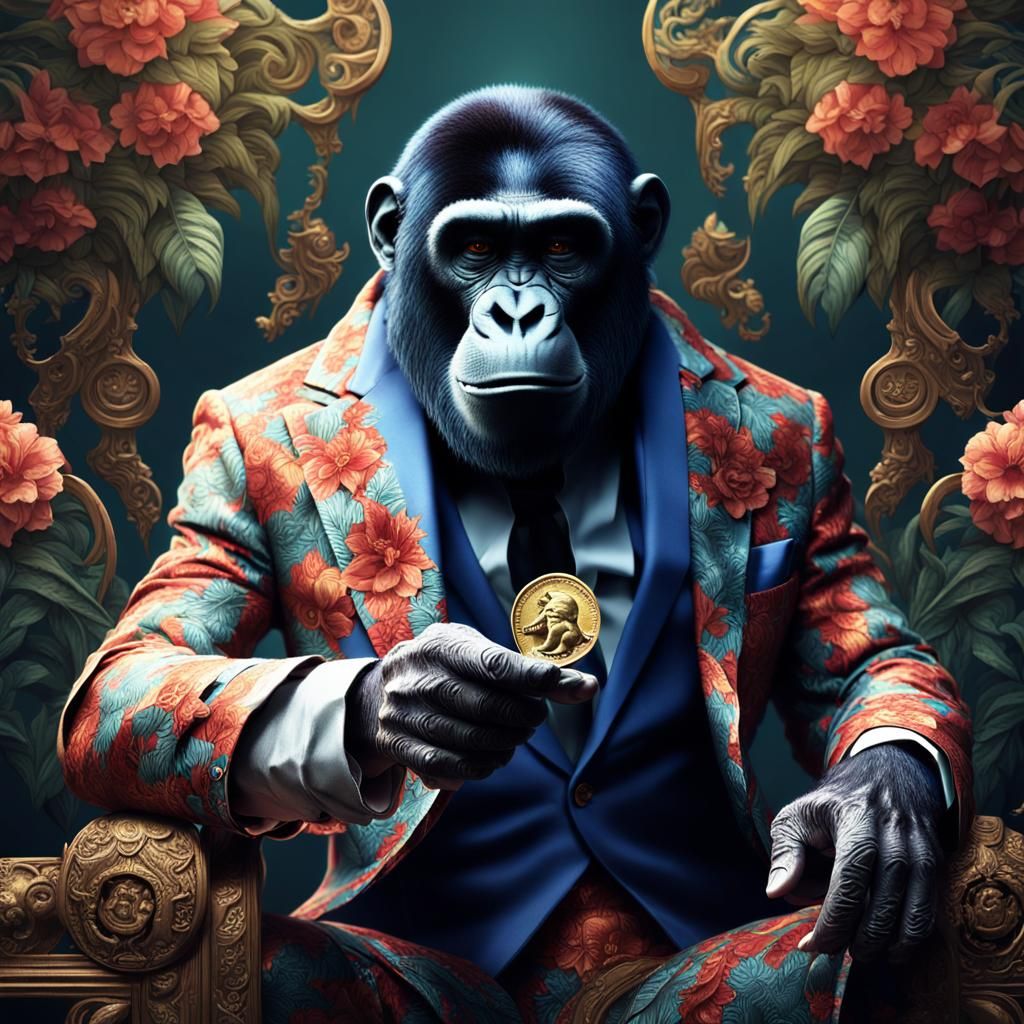 Ape in Floral Suit Holding Coin: Fantasy Concept Art