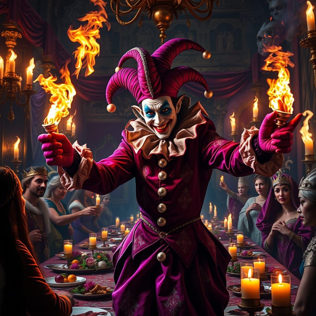 Whimsical Jester Juggles at Grand Feast in Medieval Castle
