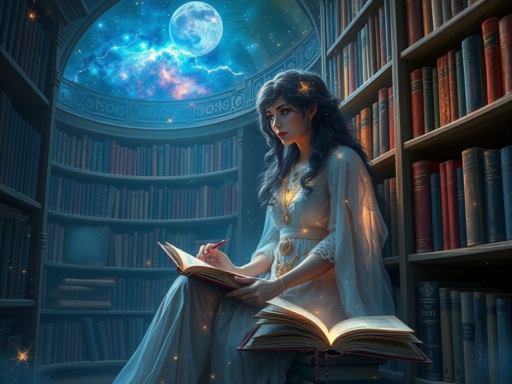 Celestial Librarian Among Cosmic Tomes, Fantasy Art