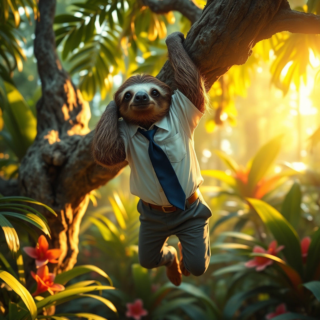 Business Sloth in Jungle Canopy