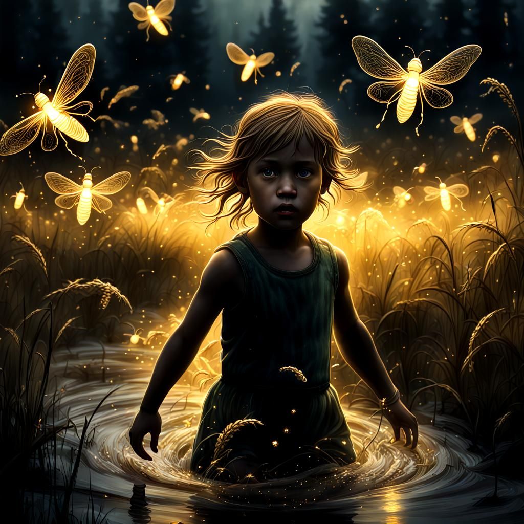 Eerie Meadow: Child Chasing Fireflies in Golden Light