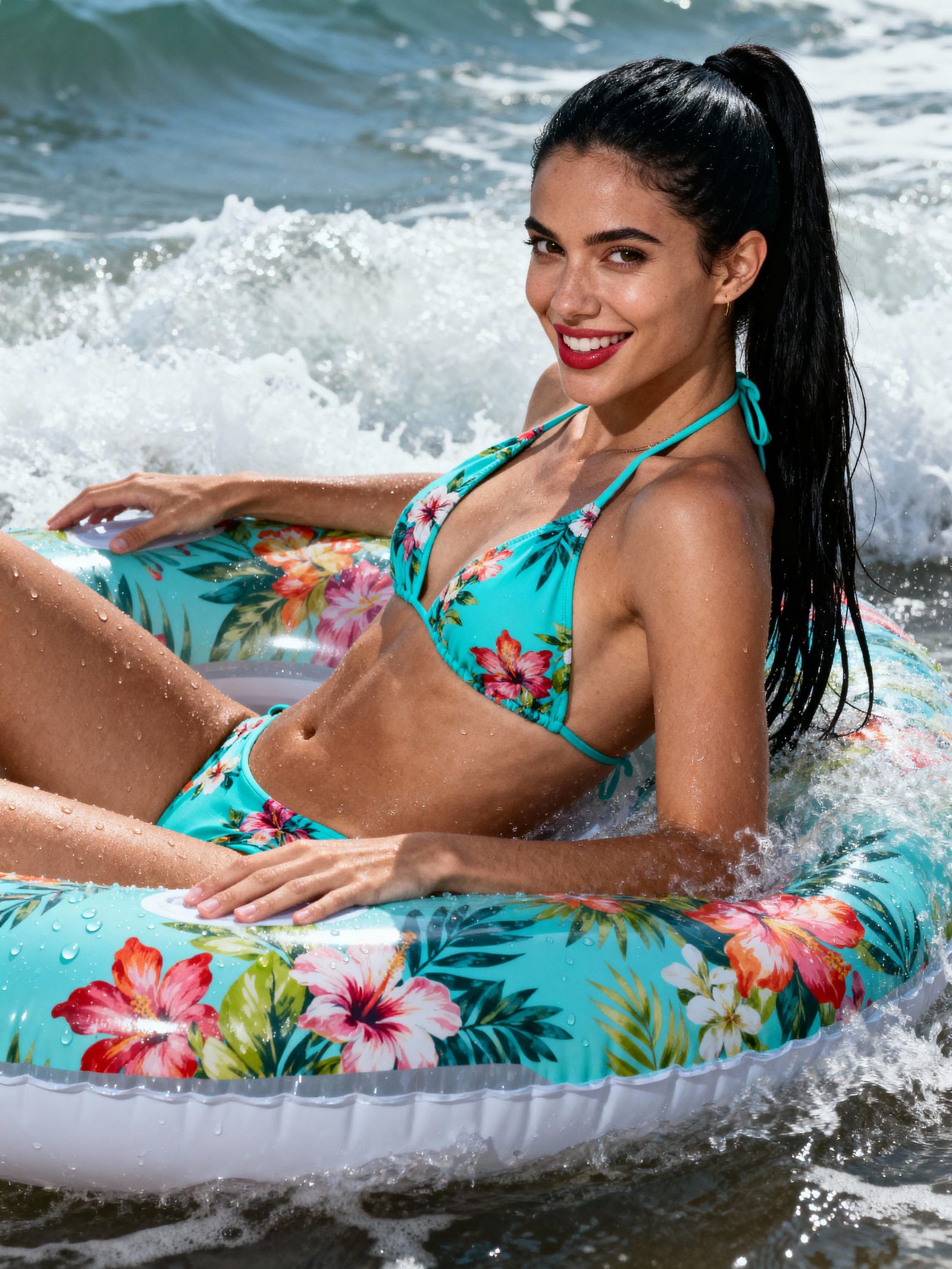 Woman in Floral Bikini on Beach Float